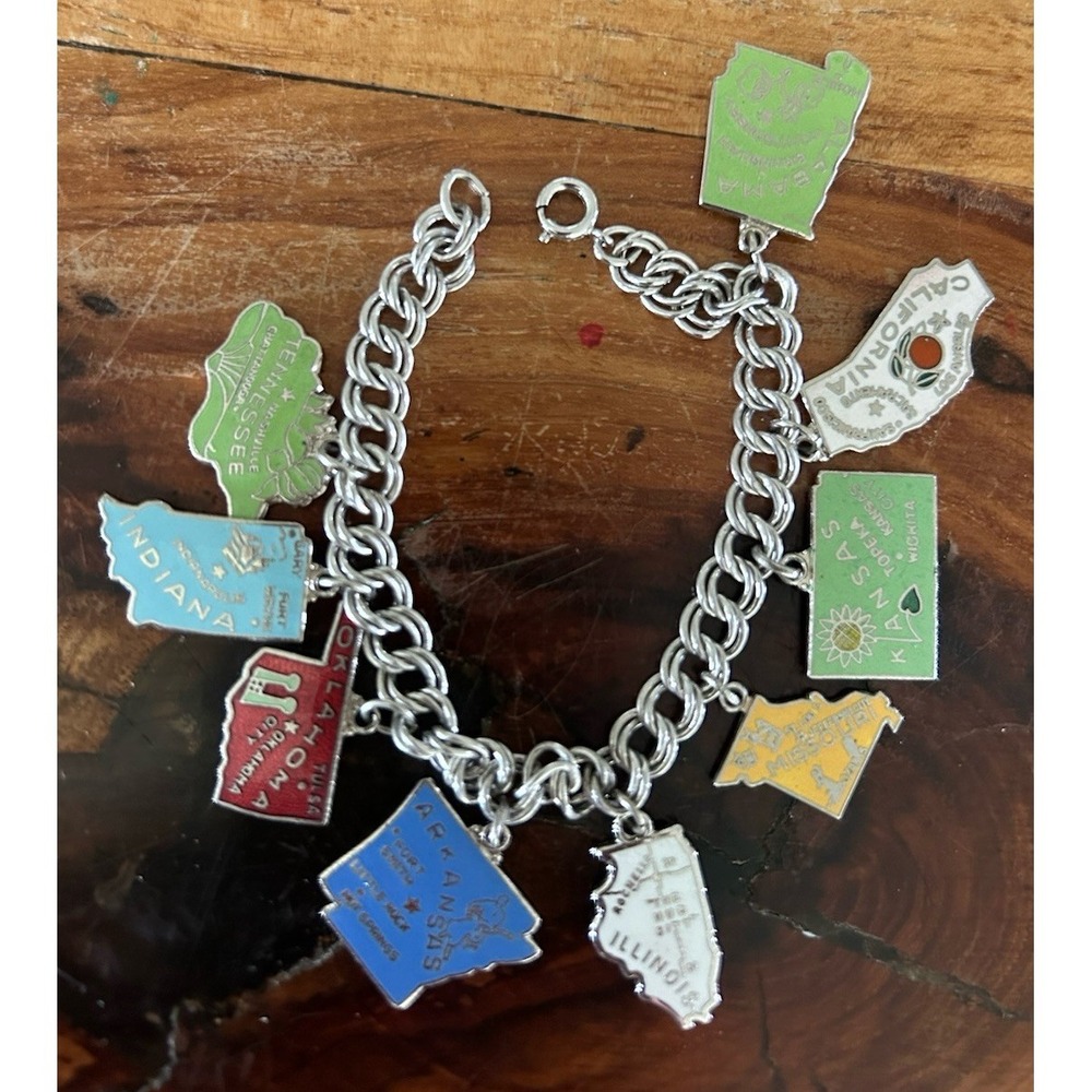 Vintage Sterling And Enamel USA States Charms Double Curb Bracelet Small